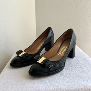 Salvatore Ferragamo black leather heels with bow